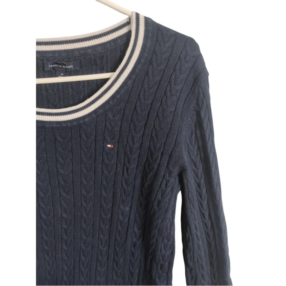 Tommy Hilfiger Women's Navy Cable Knit Sweater with White Trim Size Medium - Picture 2 of 4